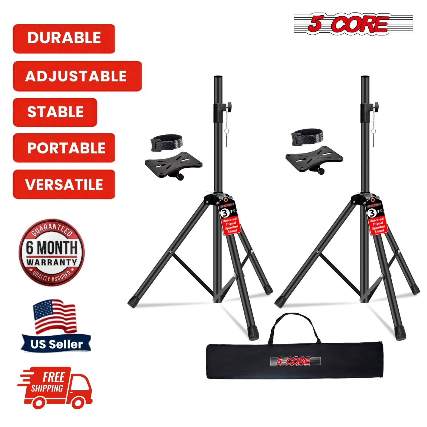 5 Core Speaker Stand Pair Height Adjustable 3Ft PA DJ Tripod Studio Monitor Stan