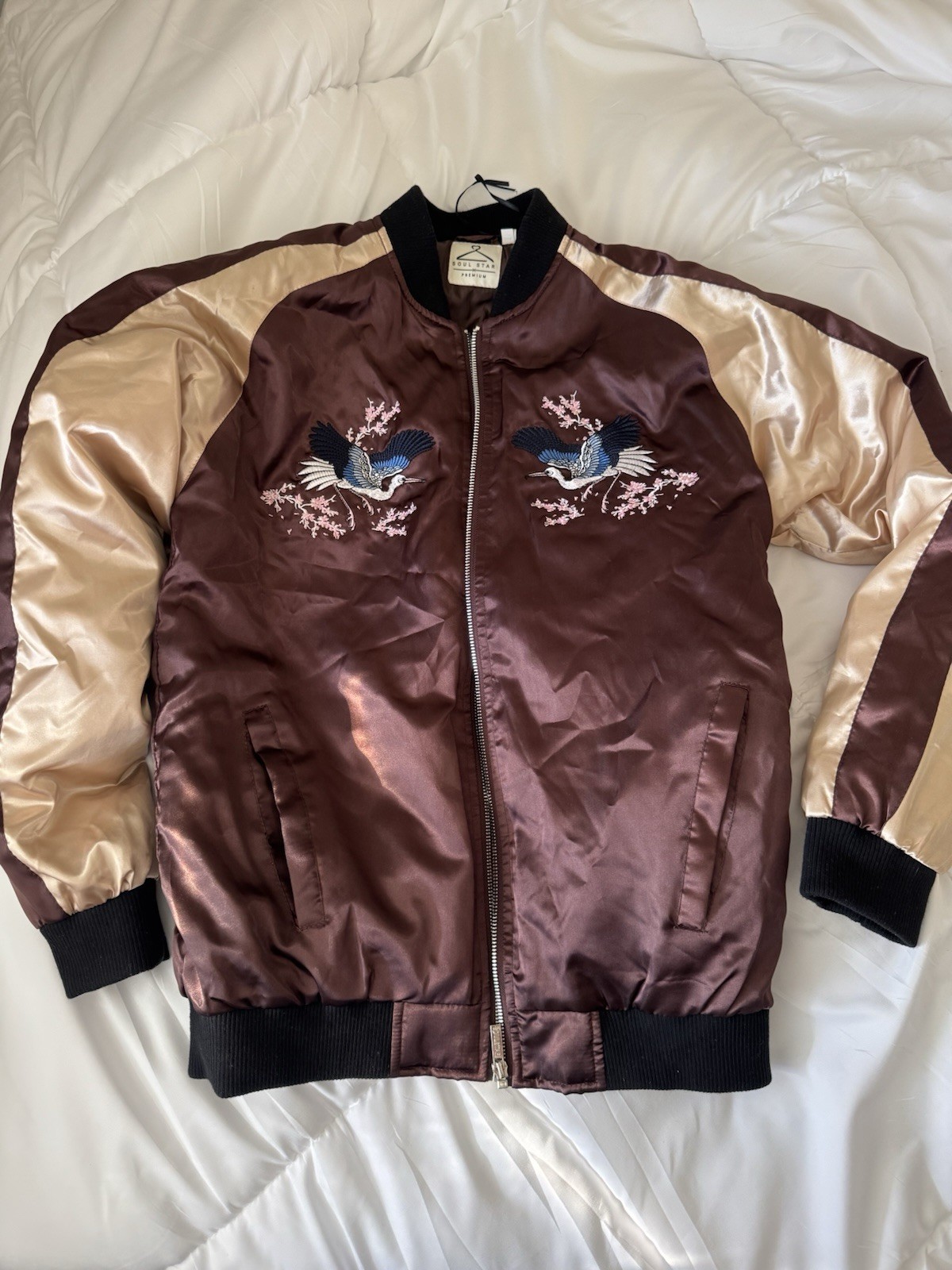 Extremely beautiful brown satin sukajan crane and cherry blossom embroidery