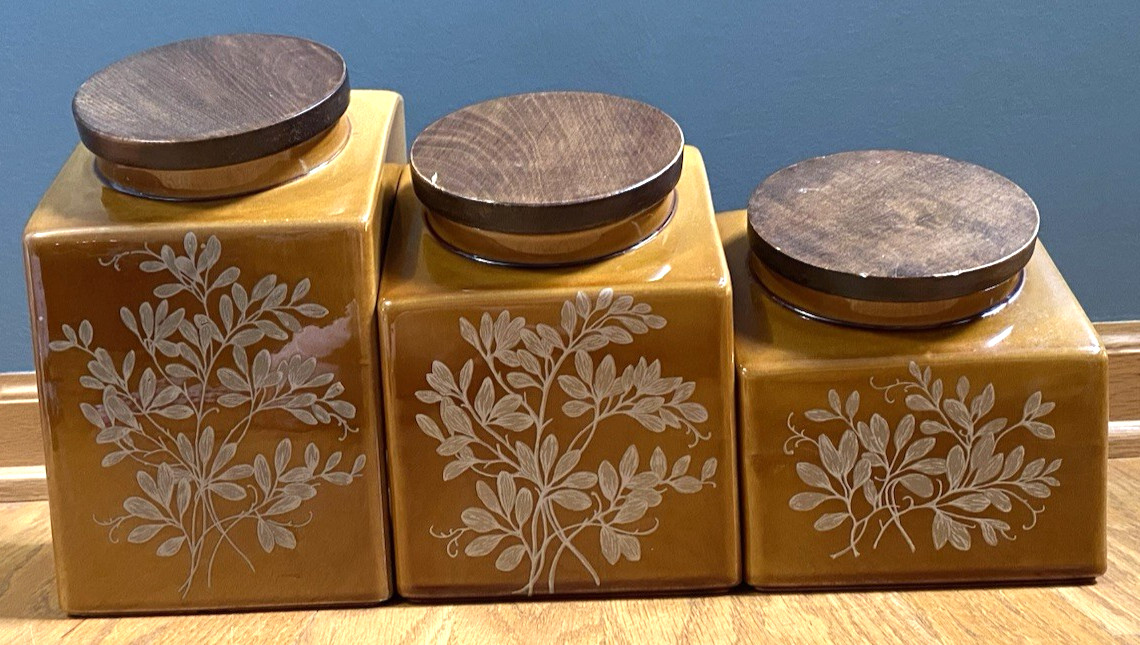 Vintage Hyalyn 3pc Brown White Leaves Slanted Canister Set Wood Lid MCM 199-L