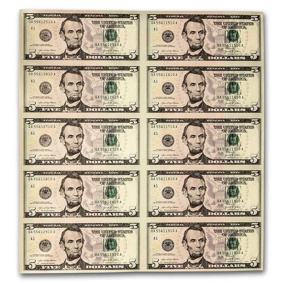 2021 A-Boston $5.00 FRN CU Fr#1999-B 10 Uncut sheet 2021 A-Boston $5.00 FRN CU Fr#1999-B 10 Uncut sheet