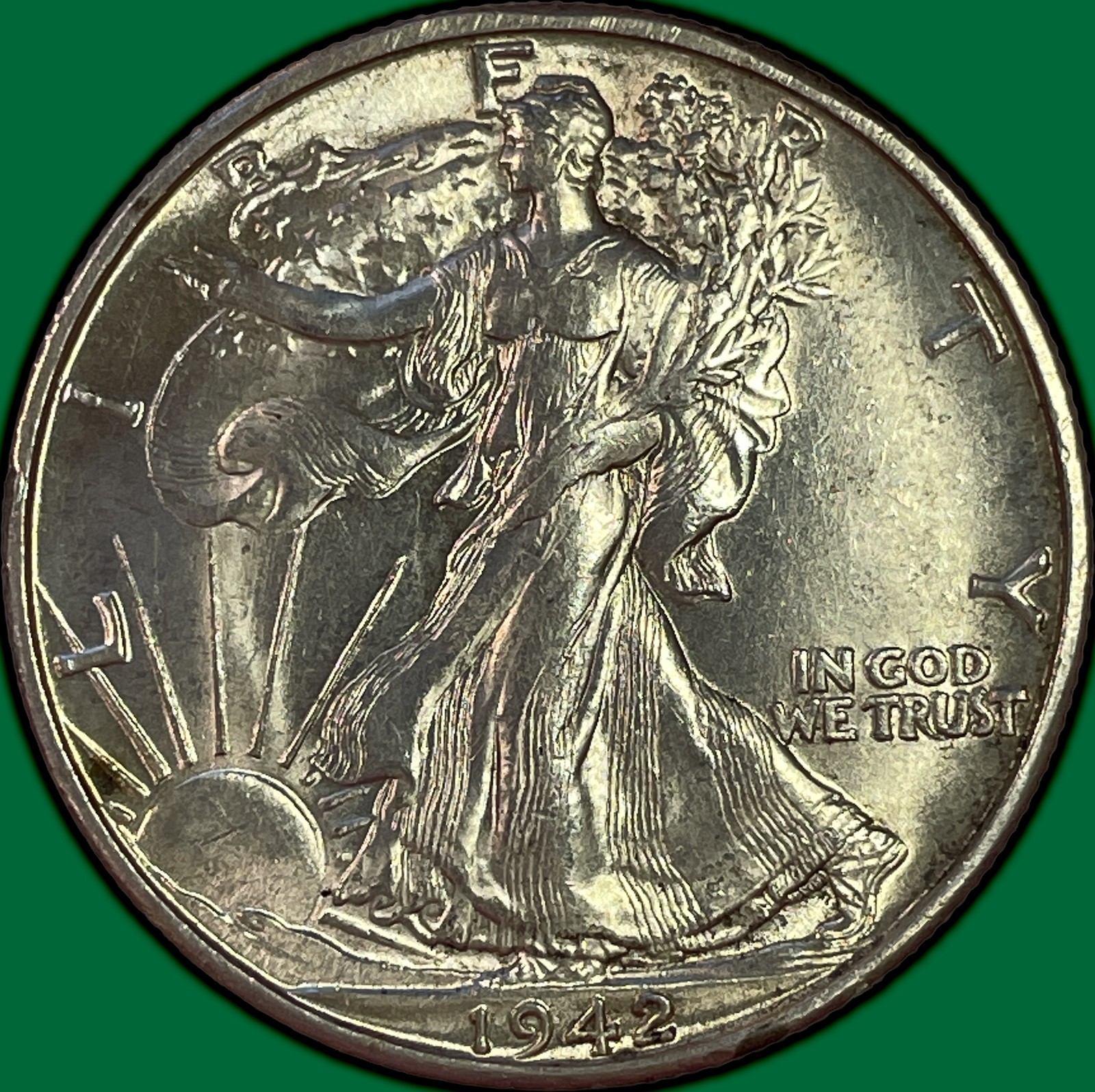 1942-D Walking Liberty Half Dollar Uncirculated UNC Coin, Faint Cleaning #47938
