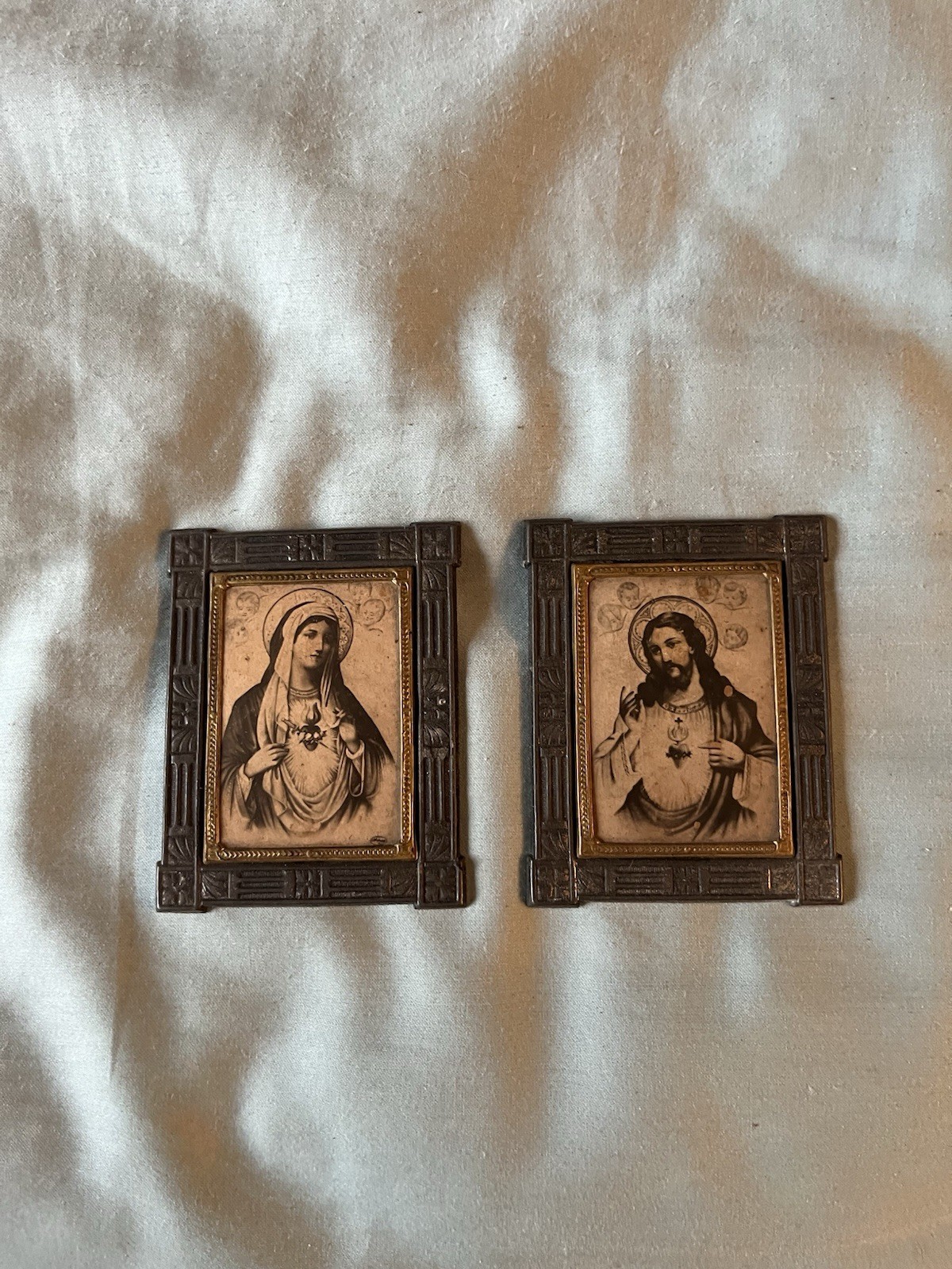 Antique Set Of Scared Immaculate Heart Of Jesus & Mary Small Metal 1910 Germany Antique Set Of Scared Immaculate Heart Of Jesus & Mary Small Metal 1910 Germany