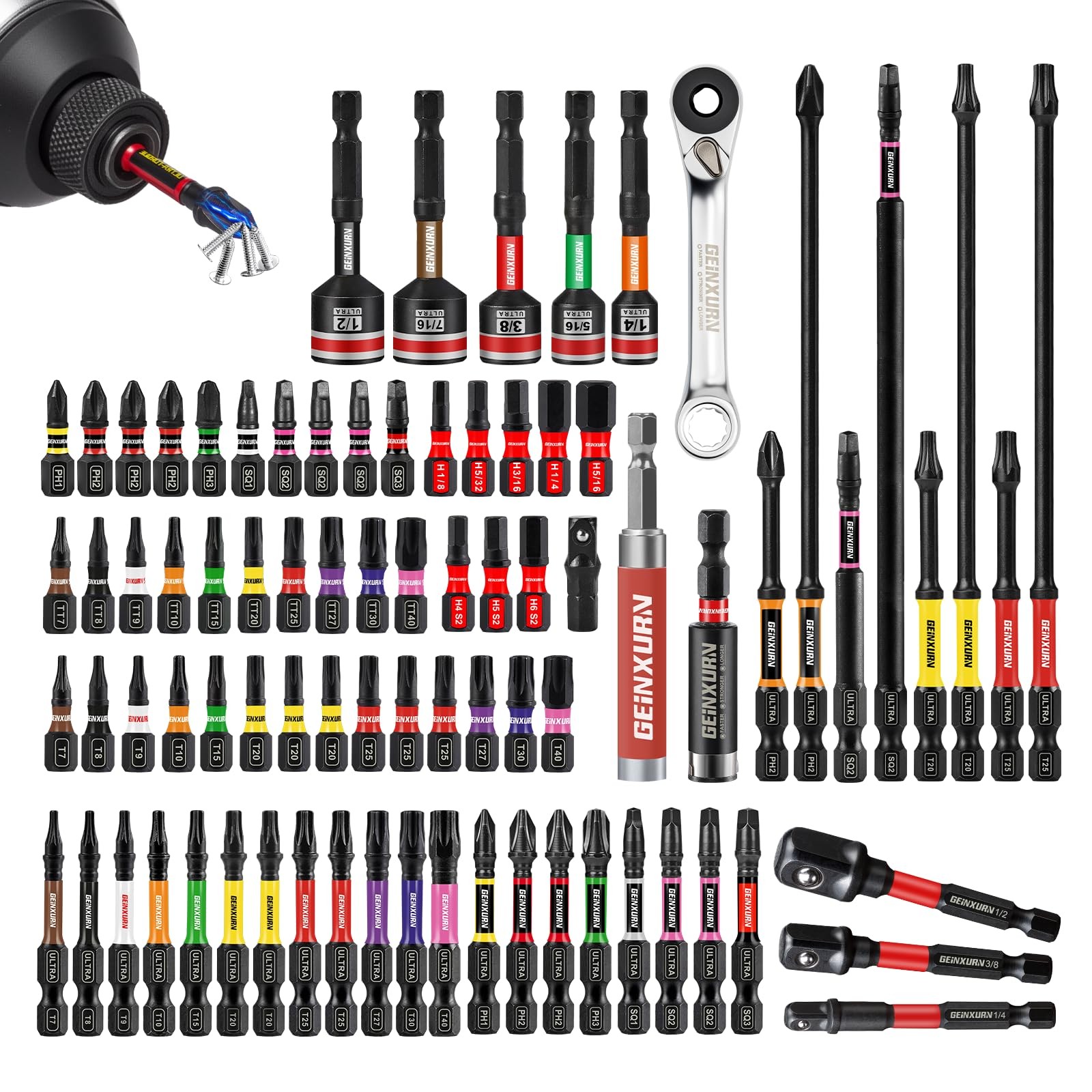 Geinxurn 82Pieces Impact Screwdriver Bits Set, Magnetic S2 Mixed-82Pcs-A Geinxurn 82Pieces Impact Screwdriver Bits Set, Magnetic S2 Mixed-82Pcs-A