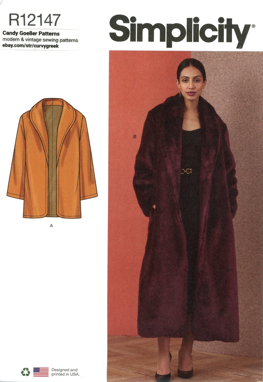 Simplicity R12147 Faux Fur Coat w Collar, Kissing Front, Pockets Sz 18-26 S3008