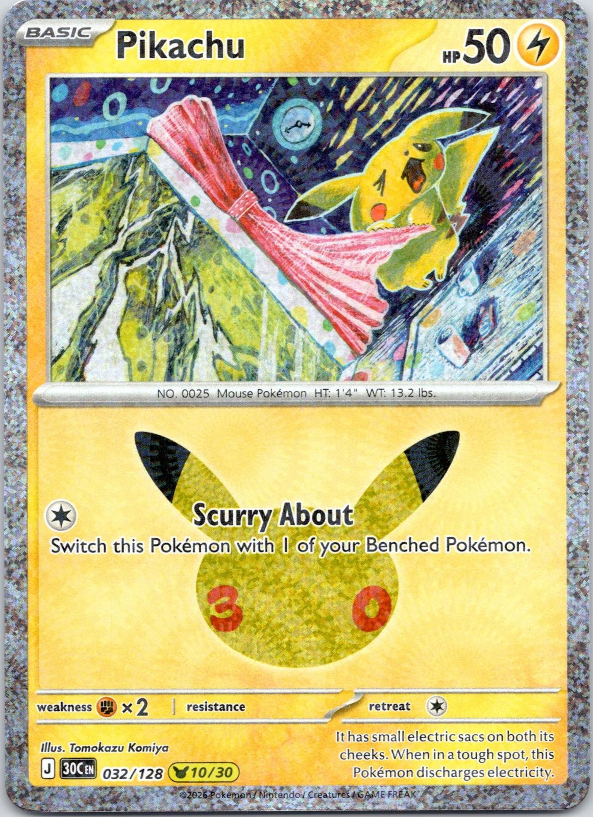 Pikachu 032/128 Holo Pikachu Rare ME: 30th Celebration Pokemon Near Mint