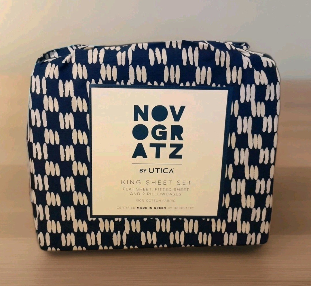 New KING Sheet Set 100% Cotton NOVOGRATZ by Utica Petite Painted Check Blue