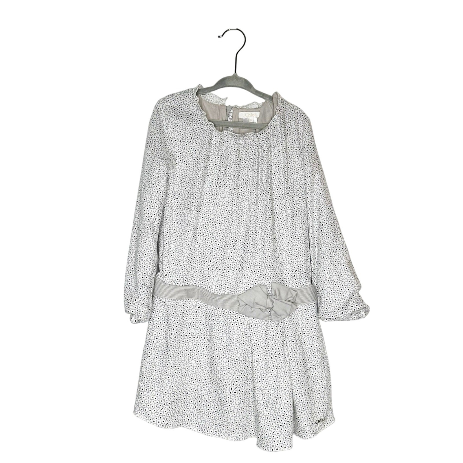 Chloe Girl\'s Drop Waist Long Sleeve Bow Dress Gray White Size 6
