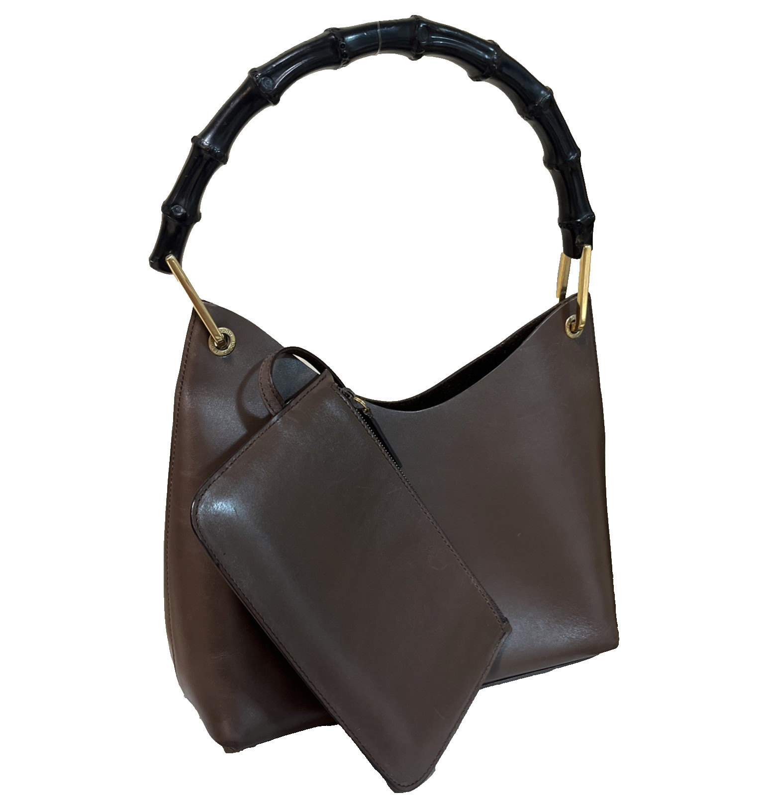 Vintage GUCCI Bamboo Hand Bag Sholder Bag One Handle Leather Blown with Pouch 68