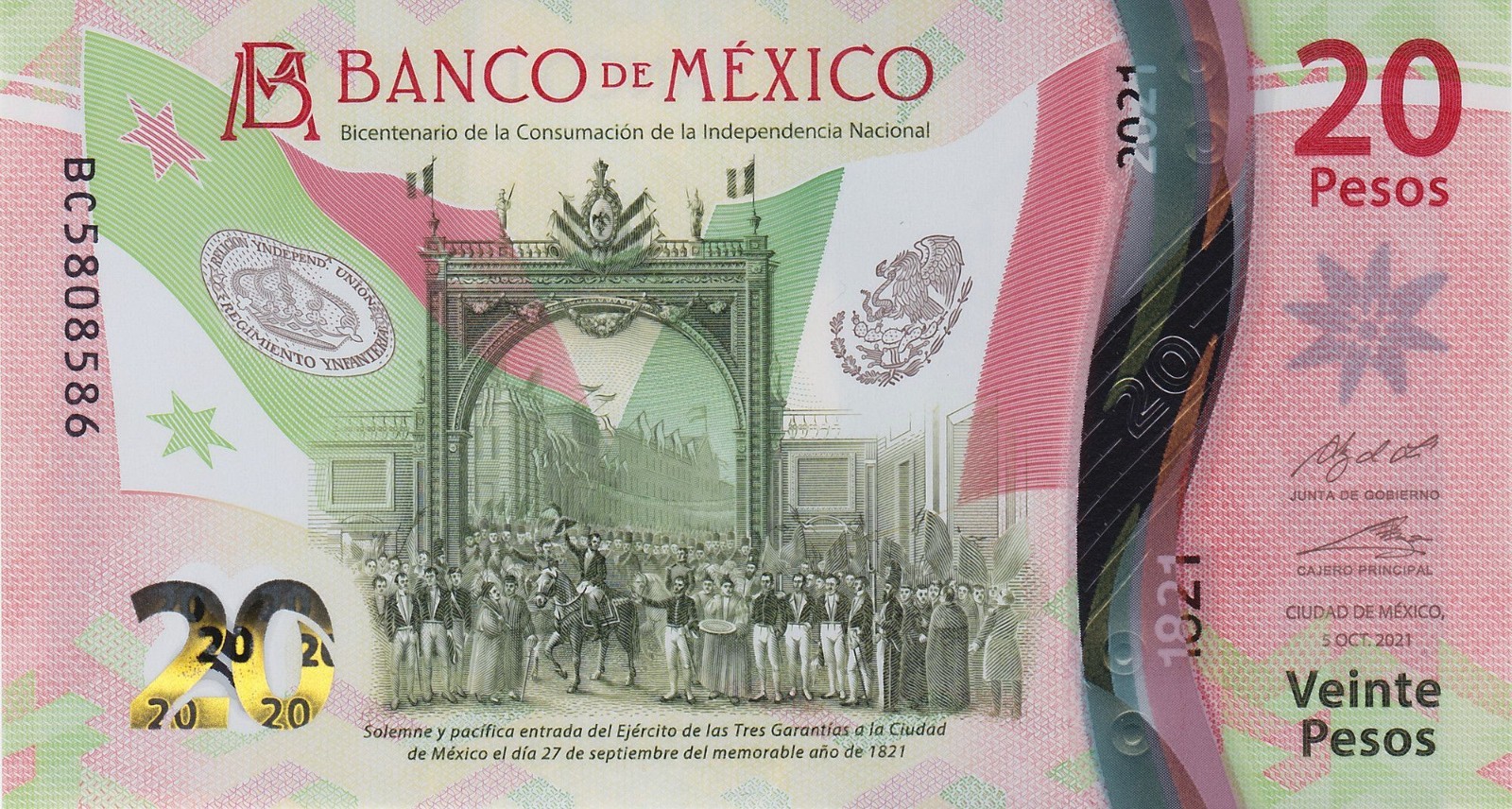 2021 Mexico 20 Pesos  UNC Polymer Banknote 