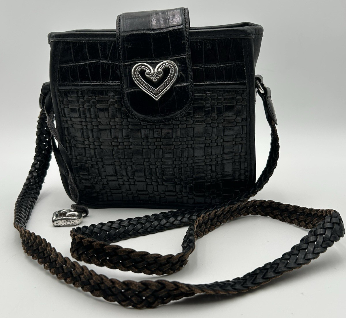 Brighton Little Gloria Vintage Black/Brown Croc Embossed Woven Crossbody Bag