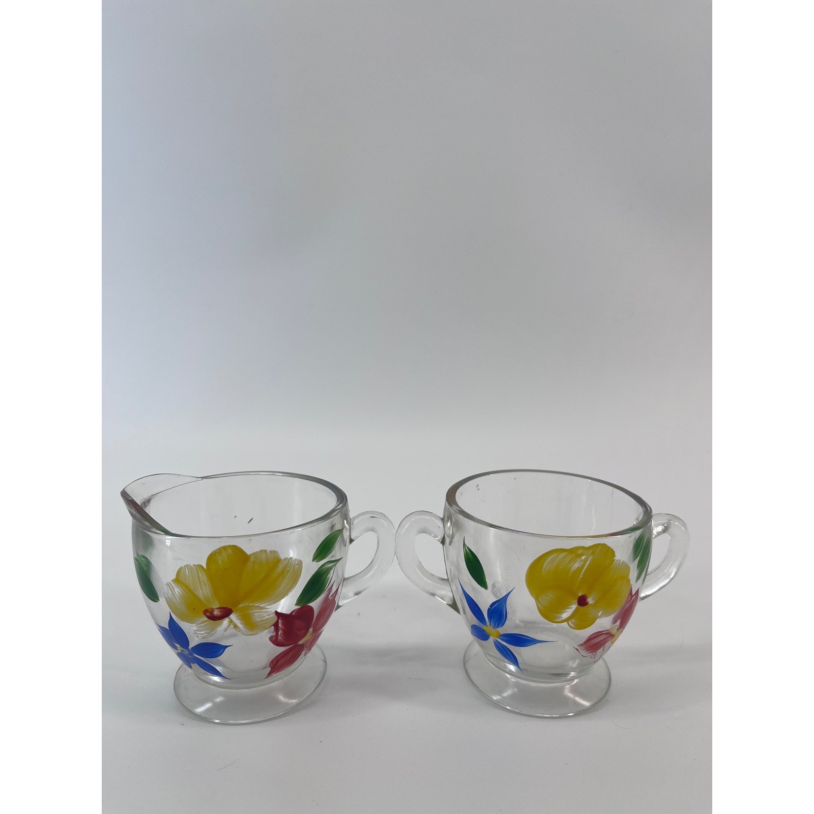 Vintage Hand Painted Glass Creamer and Sugar Bowl Set 4 Floral Fruit Cottagecore Vintage Hand Painted Glass Creamer and Sugar Bowl Set 4 Floral Fruit Cottagecore