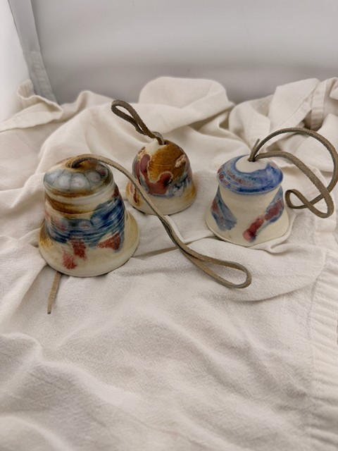 Lot 3 Handmade Studio Pottery Ceramic Bells Hanging Wind Chimes Leather Cord Art Lot 3 Handmade Studio Pottery Ceramic Bells Hanging Wind Chimes Leather Cord Art