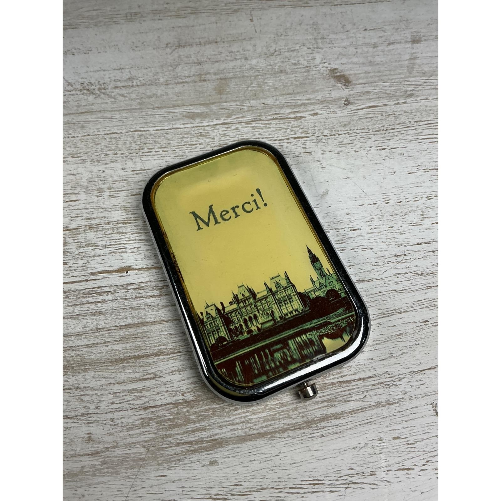Vintage Merci Paris Pocket Mirror Compact Silver Tone Dual Magnification Travel