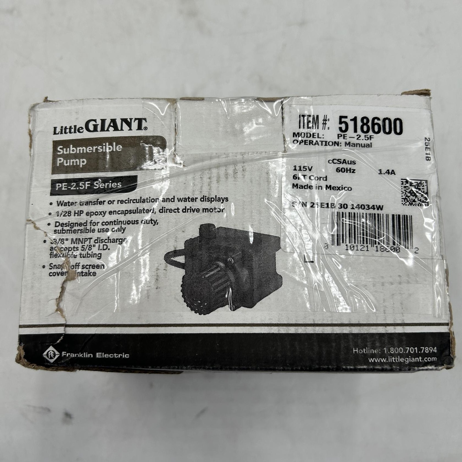 Little Giant 518600 PE-2.5F 115V 1/28HP 475GPH Submersible Pump PARTS OR REPAIR Little Giant 518600 PE-2.5F 115V 1/28HP 475GPH Submersible Pump PARTS OR REPAIR