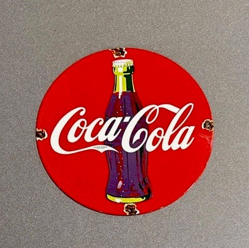 VINTAGE 12” COKE COLA SODA BOTTLE PORCELAIN SIGN CAR GAS OIL TRUCK MOTORCYCLE