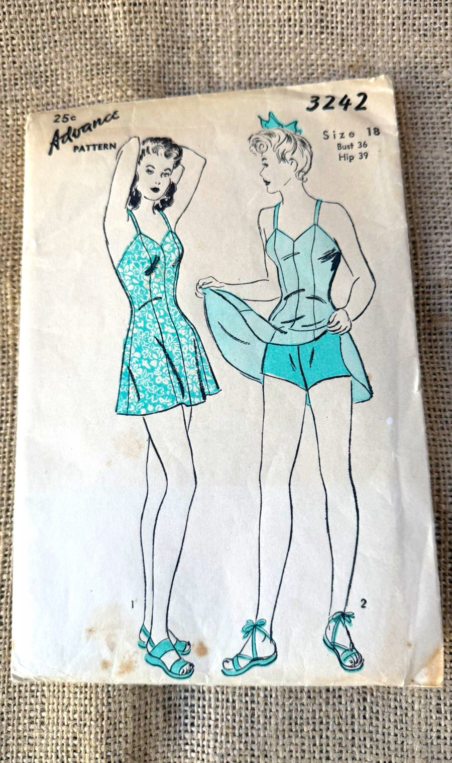 ⁠Vtg 1940s Swimsuit Sunsuit Playsuit Pattern Advance 3242 Size 18 Bust 36 WWII⁠
