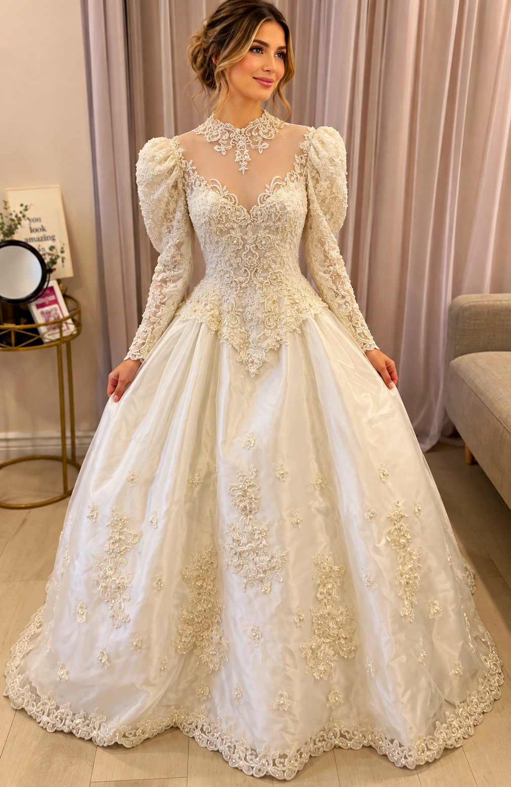 Vintage 1980 white Ball Gown Wedding Dress Long Sleeve High Neck Lace Beaded Vintage 1980 white Ball Gown Wedding Dress Long Sleeve High Neck Lace Beaded