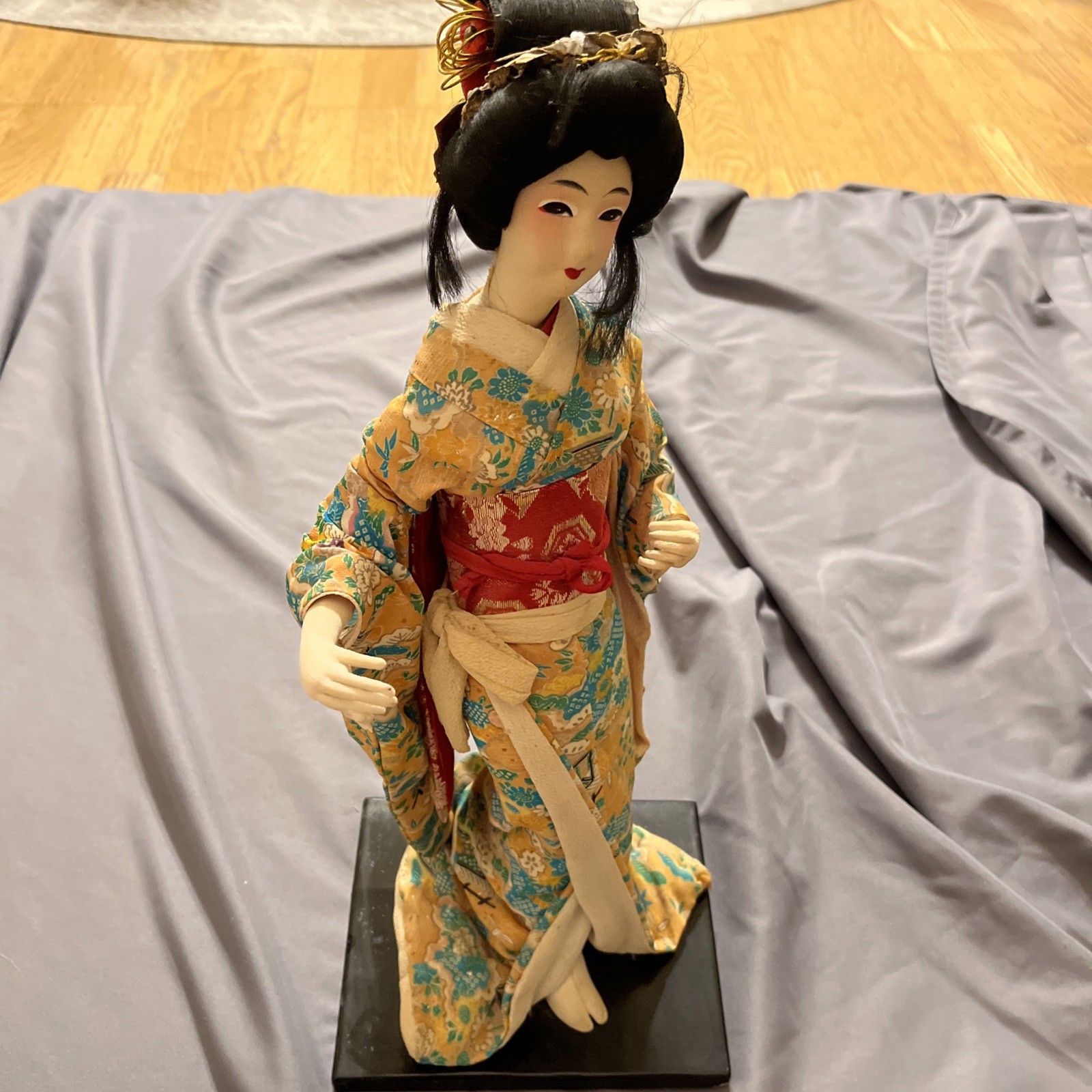 Vintage Japanese Geisha Doll Traditional Kimono 16” on Wooden Base