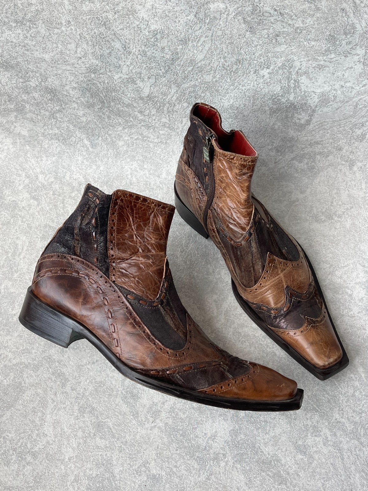 VTG Jo Ghost Italy Leather Ankle Boots Vero Cuio Square Chisel Toe Brown Western