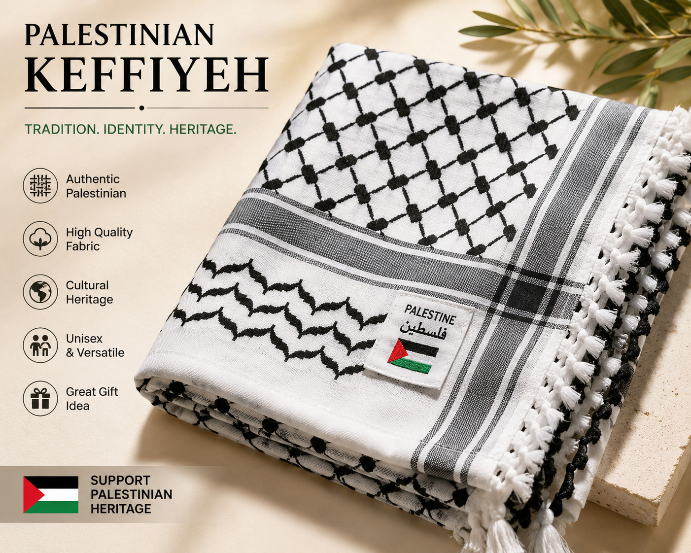 كوفية فلسطينية-Authentic Palestinian Keffiyeh Scarf Black & White Traditional كوفية فلسطينية-Authentic Palestinian Keffiyeh Scarf Black & White Traditional