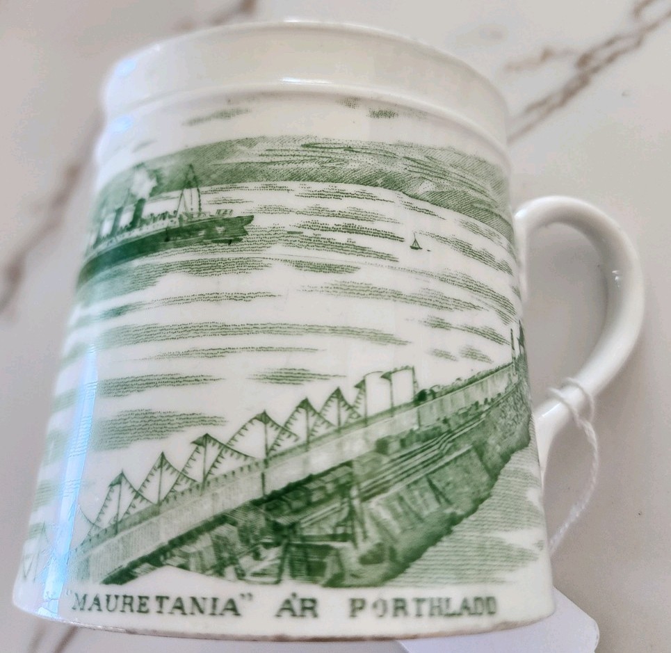 1909 Cunard RMS Mauretania Commemorative Mug Fishguard Harbour Welsh E. Hughes