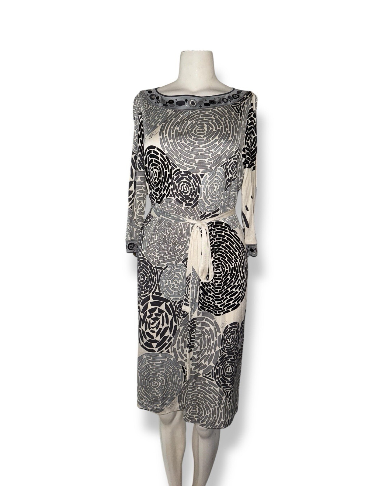 Vtg FLORA KUNG Geometric Silk Shift Dress w Logo Belted Black/Gray, size US 4
