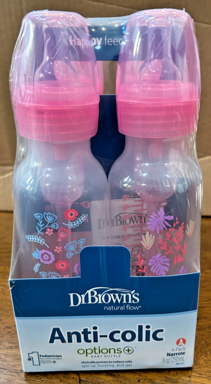 Dr Brown’s Options+ Narrow Baby Bottles – Pink Floral Anti‑Colic 8 oz – 4 Pack Dr Brown’s Options+ Narrow Baby Bottles – Pink Floral Anti‑Colic 8 oz – 4 Pack