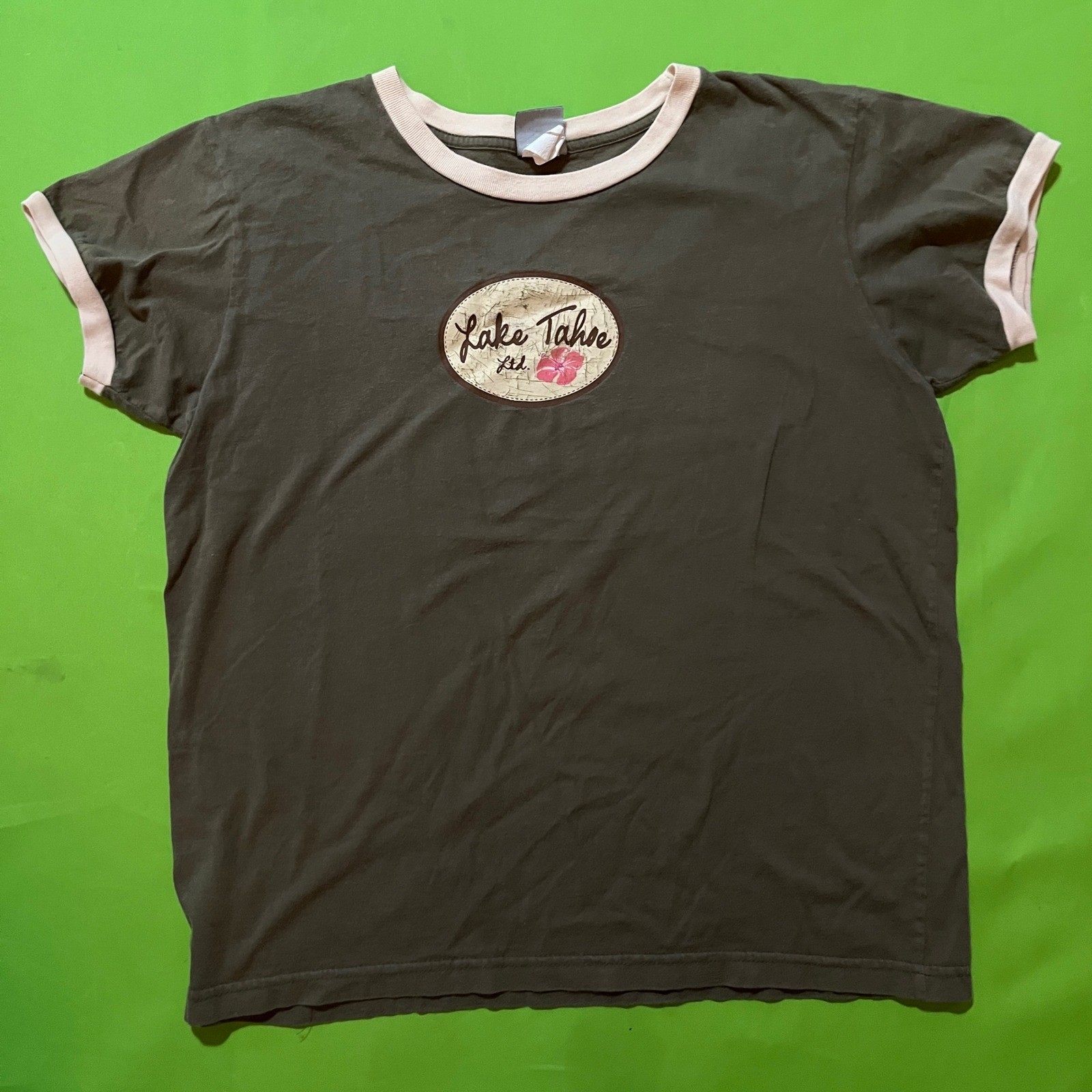 Y2K Vintage Lake Tahoe Ltd Ringer Shirt Olive Green Pink Hibiscus Graphic Tee L