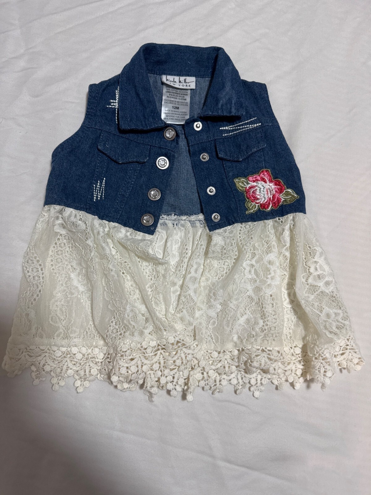 Nicole Miller Baby Girl Denim/Lace Dress Rose Applique 12M 100% Cotton     39-32