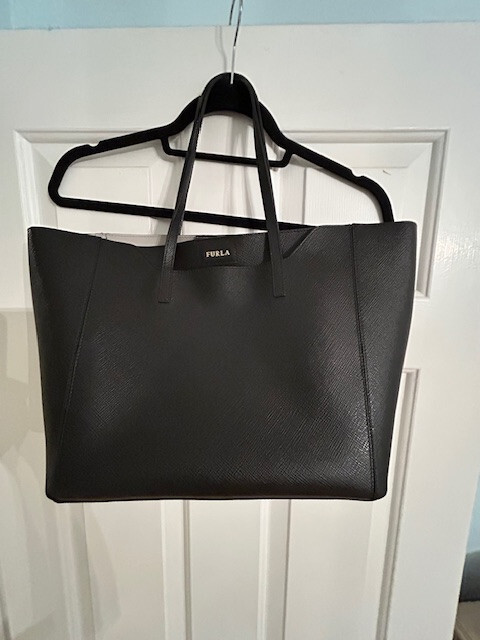 FURLA BAG AND SCARF Black Leather Tote Bag Purse Scarf NEW without tags