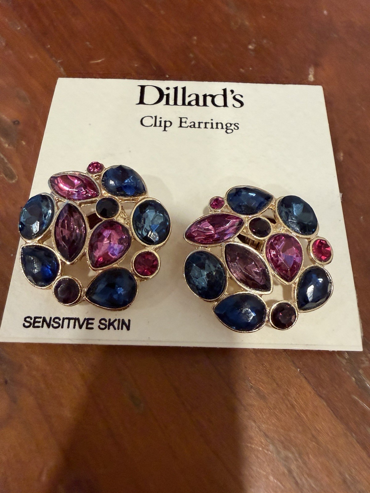 Vintage Dillard's Clip On Earrings Sensitive Skin Blue Pink Crystal Cluster NOS Vintage Dillard's Clip On Earrings Sensitive Skin Blue Pink Crystal Cluster NOS