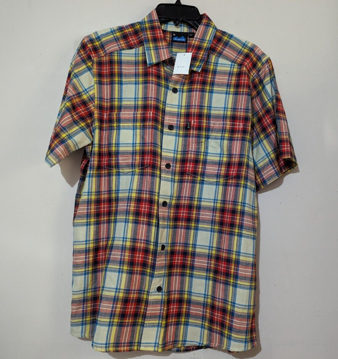 KAVU Plaid Button Up Shirt Scotty Bob Preppy Short Sleeve Summer Red Size M NEW
