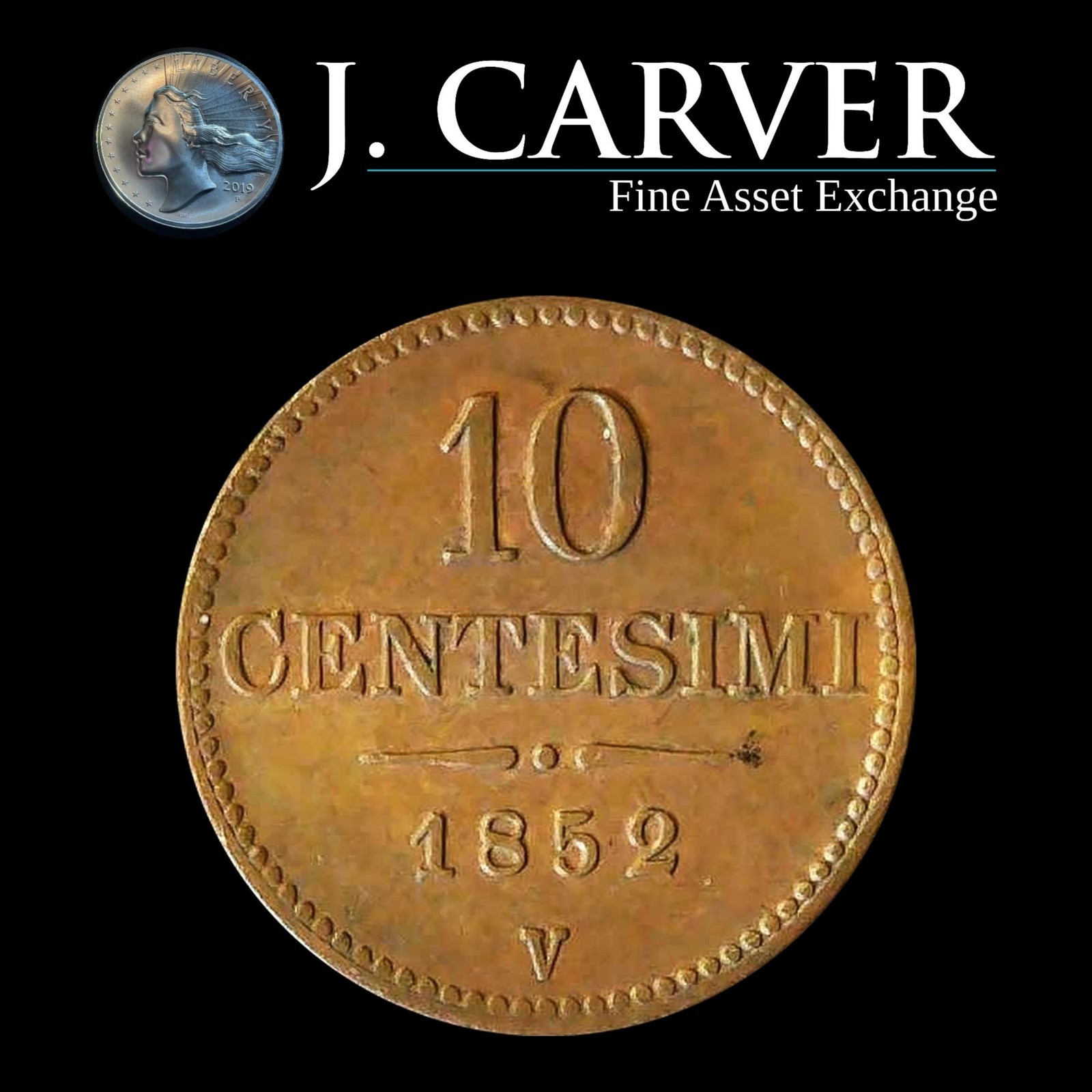 1852 V Lombardy Venetia 10 Centesimi Austrian Italy Copper Coin AU Luster