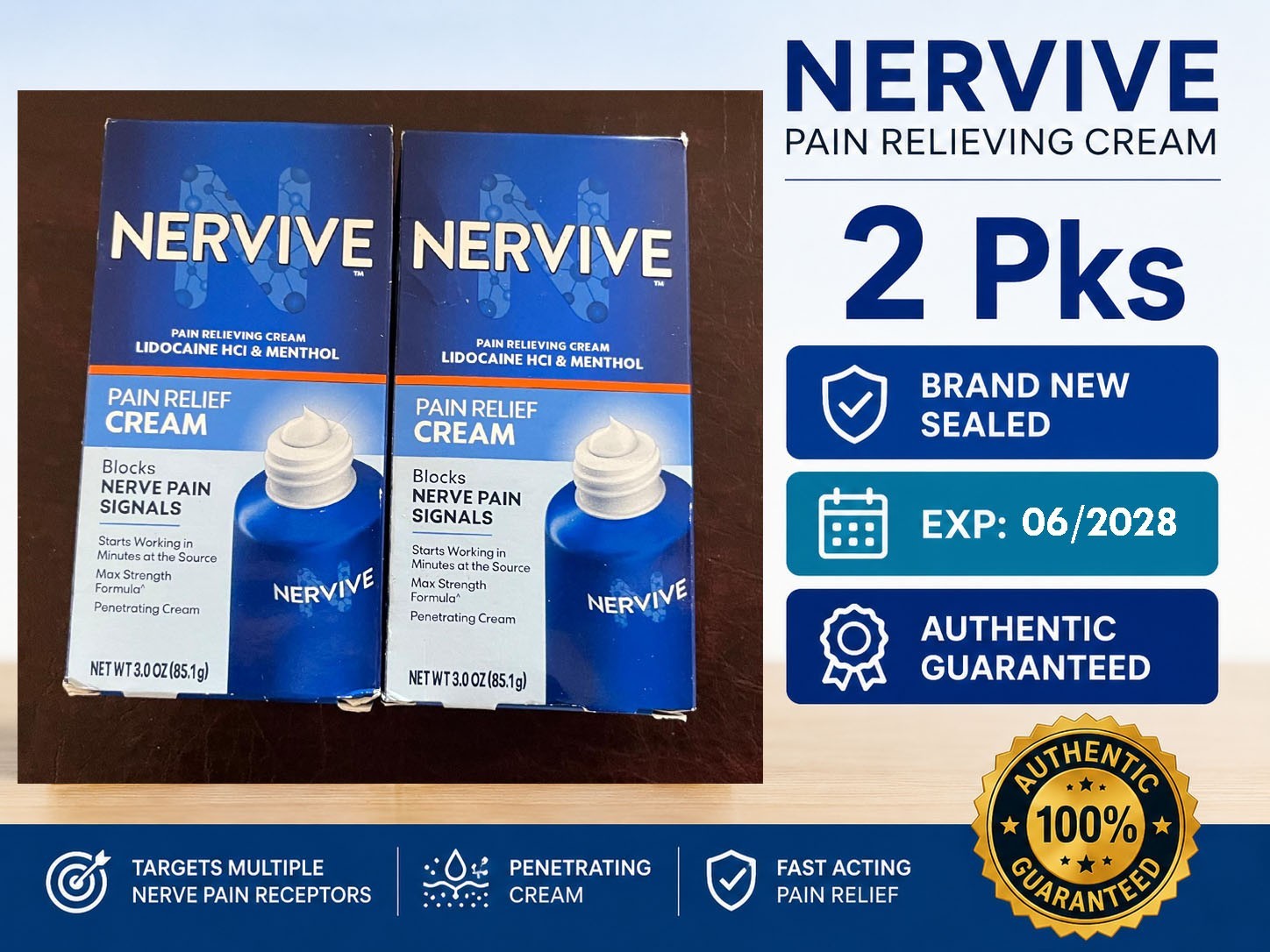 Nervive Pain Relieving Cream Lidocaine HCl 4% Menthol 1% 3oz Each EX06/2028 2PK