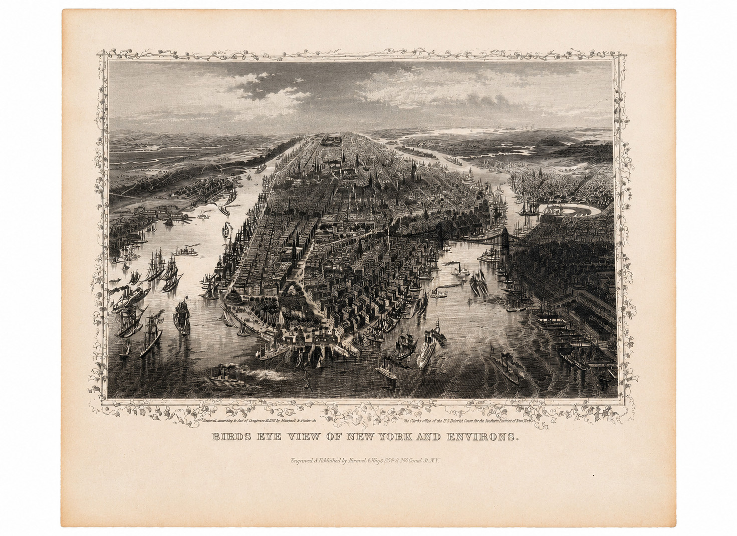 New York Bird\'s Eye View Environs Vintage RARE Print Kimmel & Voigt 1877