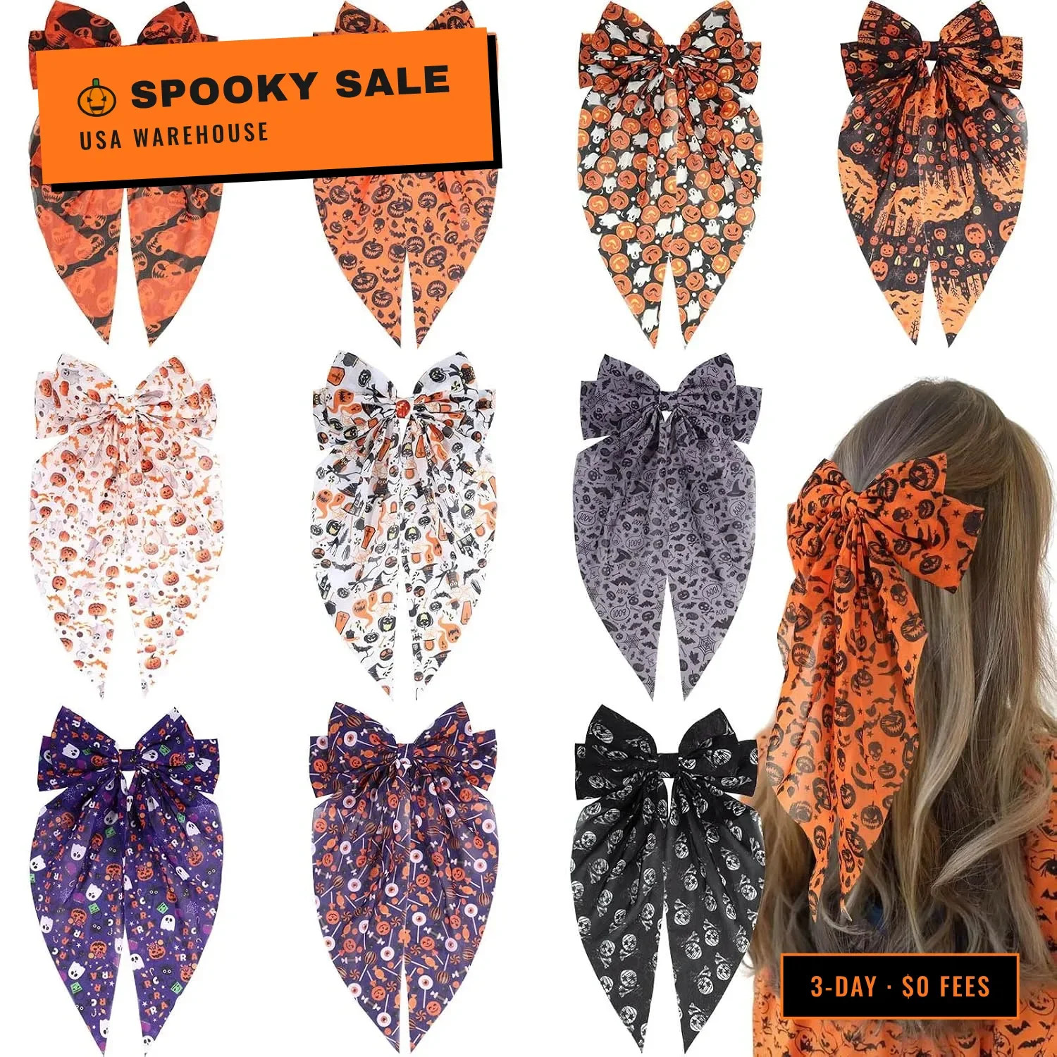 10 PCS Halloween Hair Bows for Women Girls,Pumpkin Large Hair Ribbon Bow Barrett