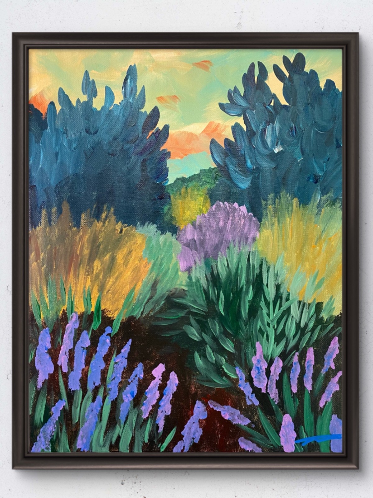 Original 14x11 Impressionist Lavender Garden Sunset Painting Signed Canvas