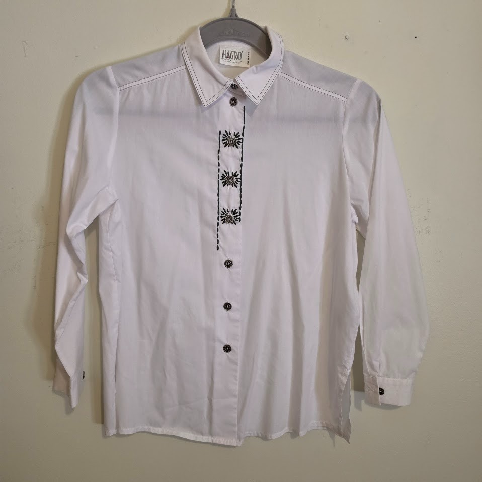 Vintage Hagro Country Trachten Blouse White Edelwiess Pewter Buttons Sz 14/Med