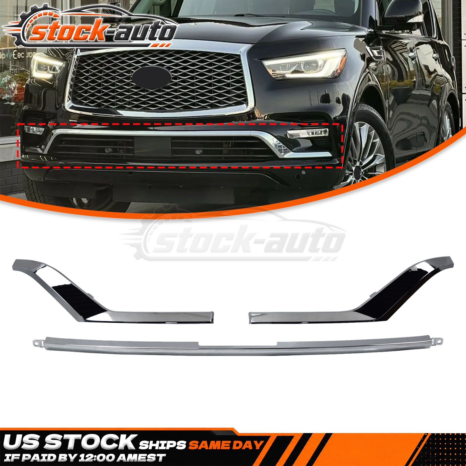 3PCS Front Bumper Lower Center Chrome Molding Insert For 2018-2021 Infiniti QX80
