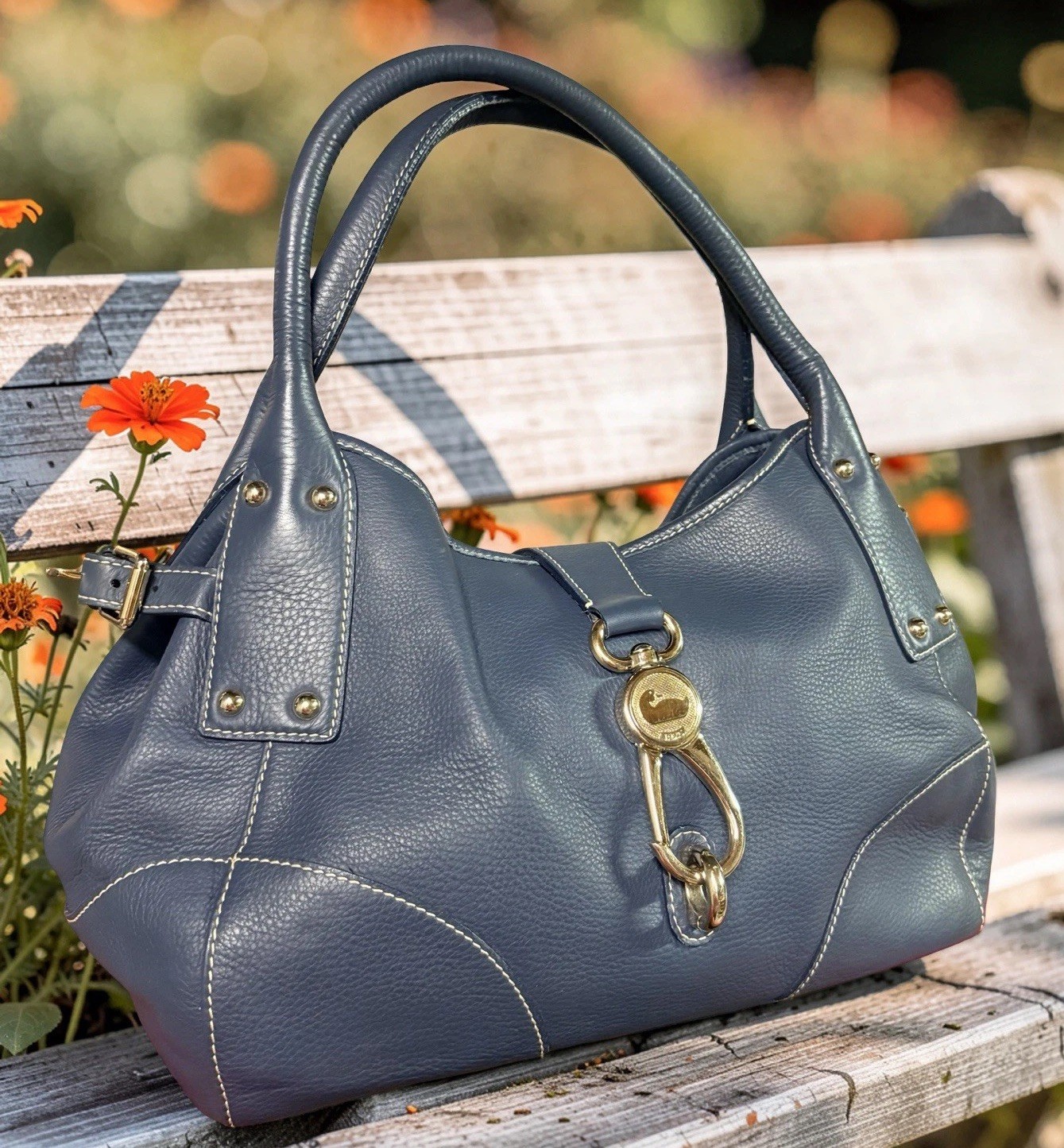 Dooney Bourke Denim Blue Annalisa Logo Lock Belvedere Pebbled Leather Hobo Bag
