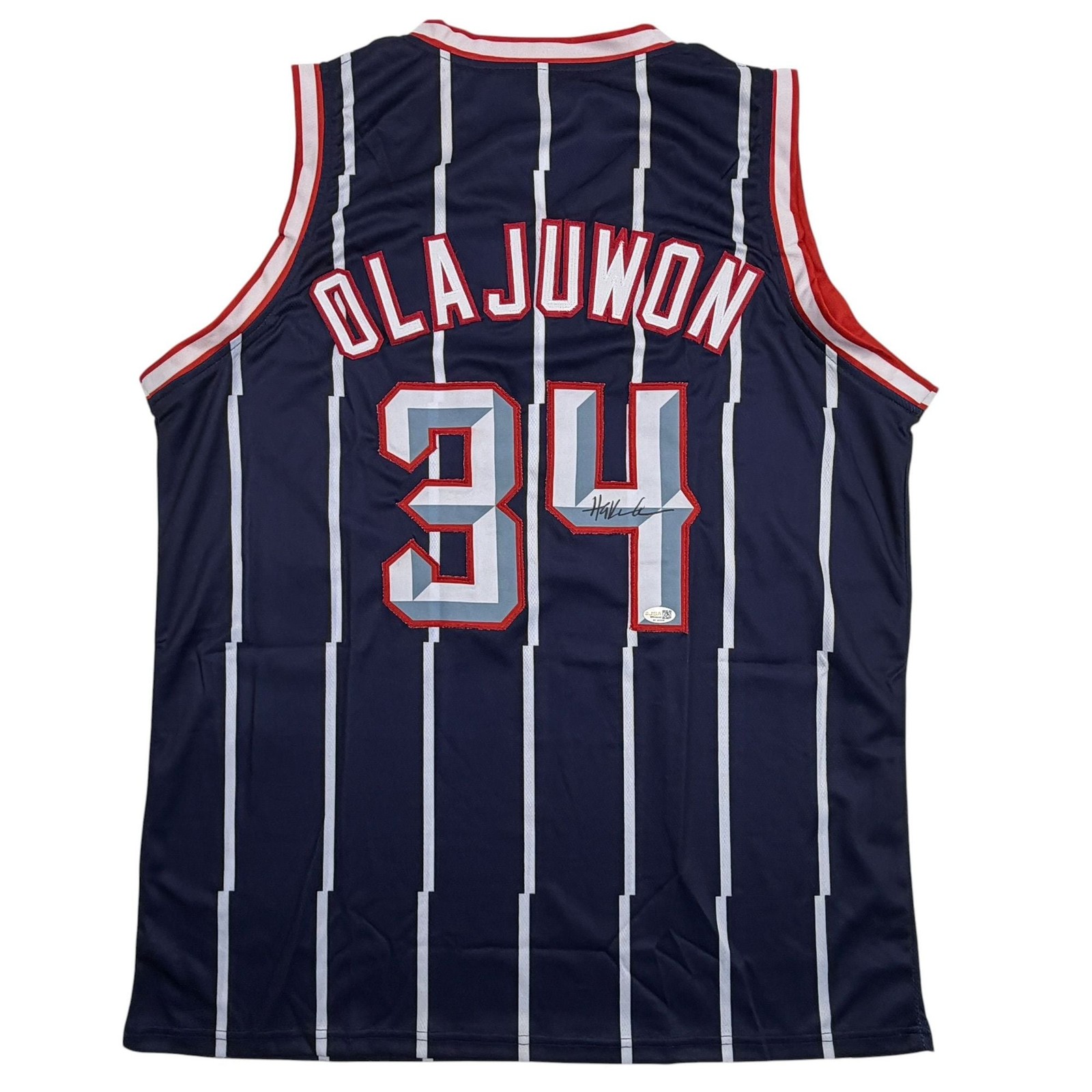 Autographed/Signed Hakeem Olajuwon Houston Blue Basketball Jersey JSA COA Autographed/Signed Hakeem Olajuwon Houston Blue Basketball Jersey JSA COA