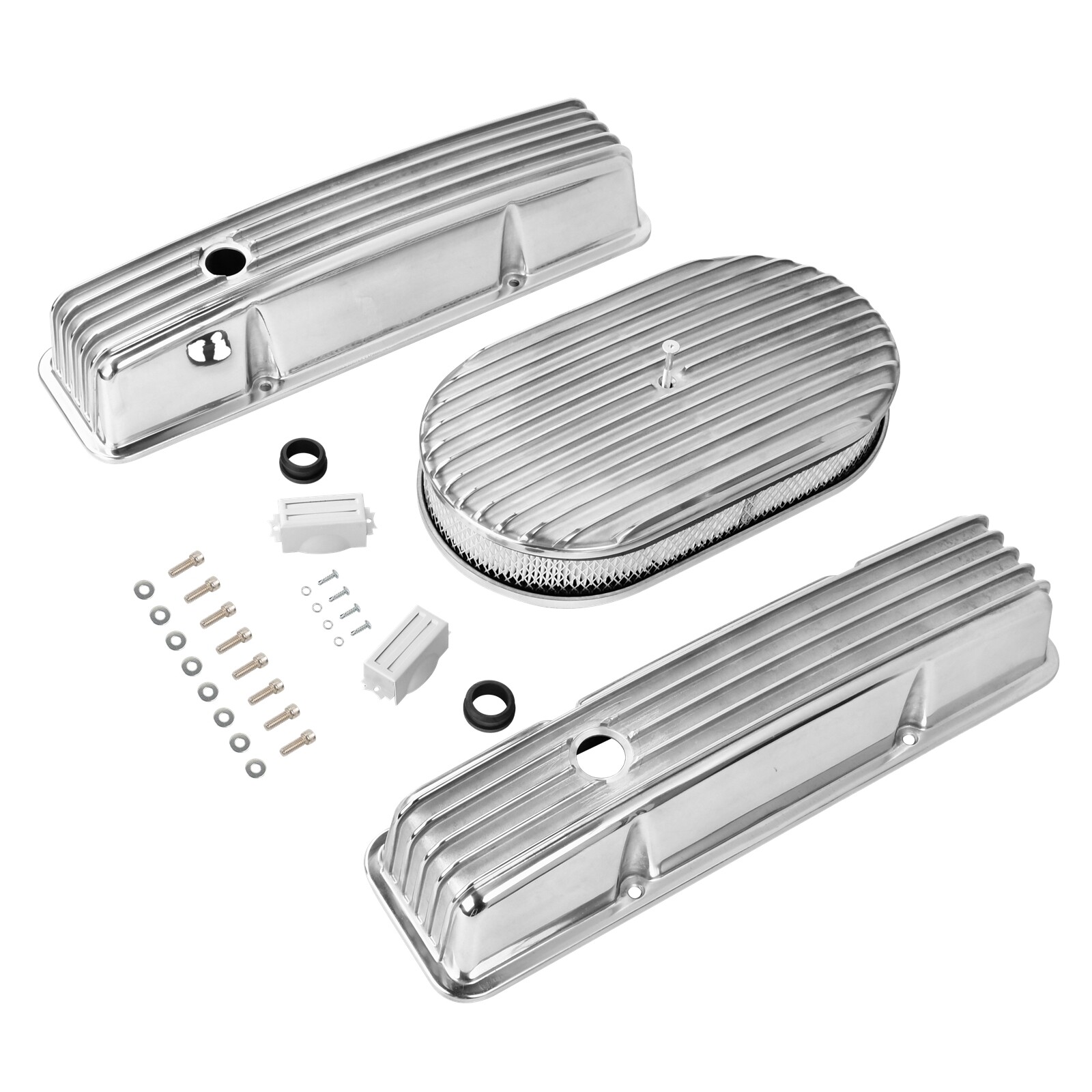 For 58-86 SBC Chevy 350 Aluminum Retro Finned Tall Valve Cover & 15