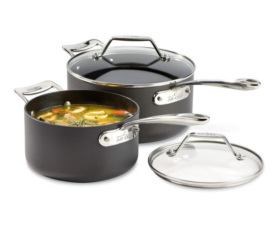 All-Clad Essentials Hard Anodized Nonstick Sauce Pan Set 4 Piece All-Clad Essentials Hard Anodized Nonstick Sauce Pan Set 4 Piece