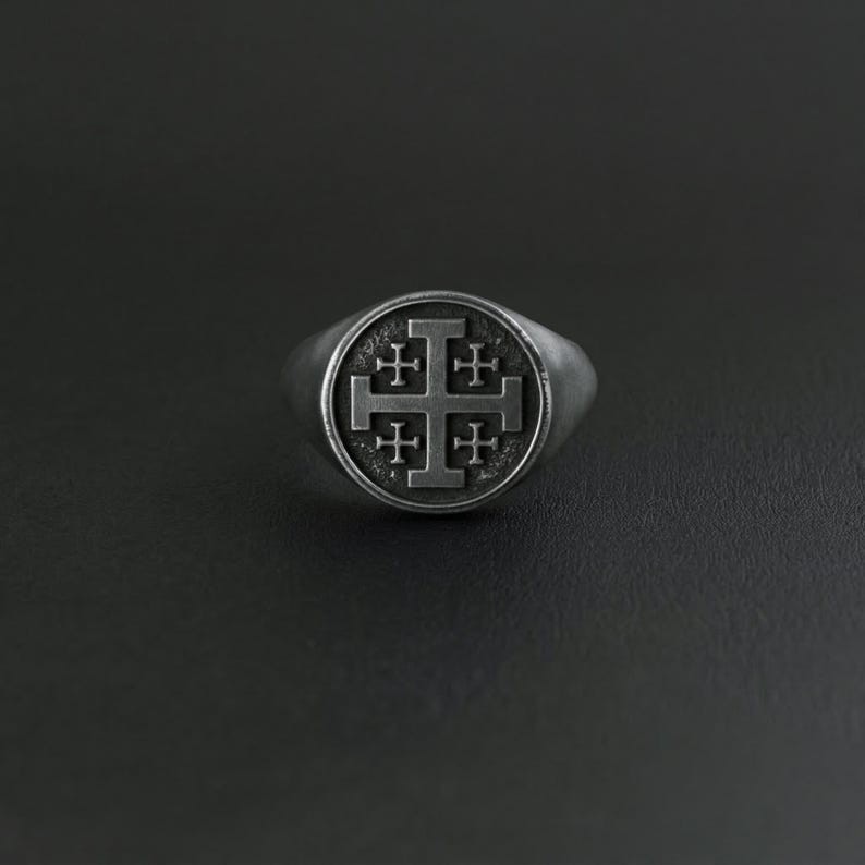 Vintage Jerusalem Cross Signet Ring 925 Sterling Silver Crusader Mens Band New