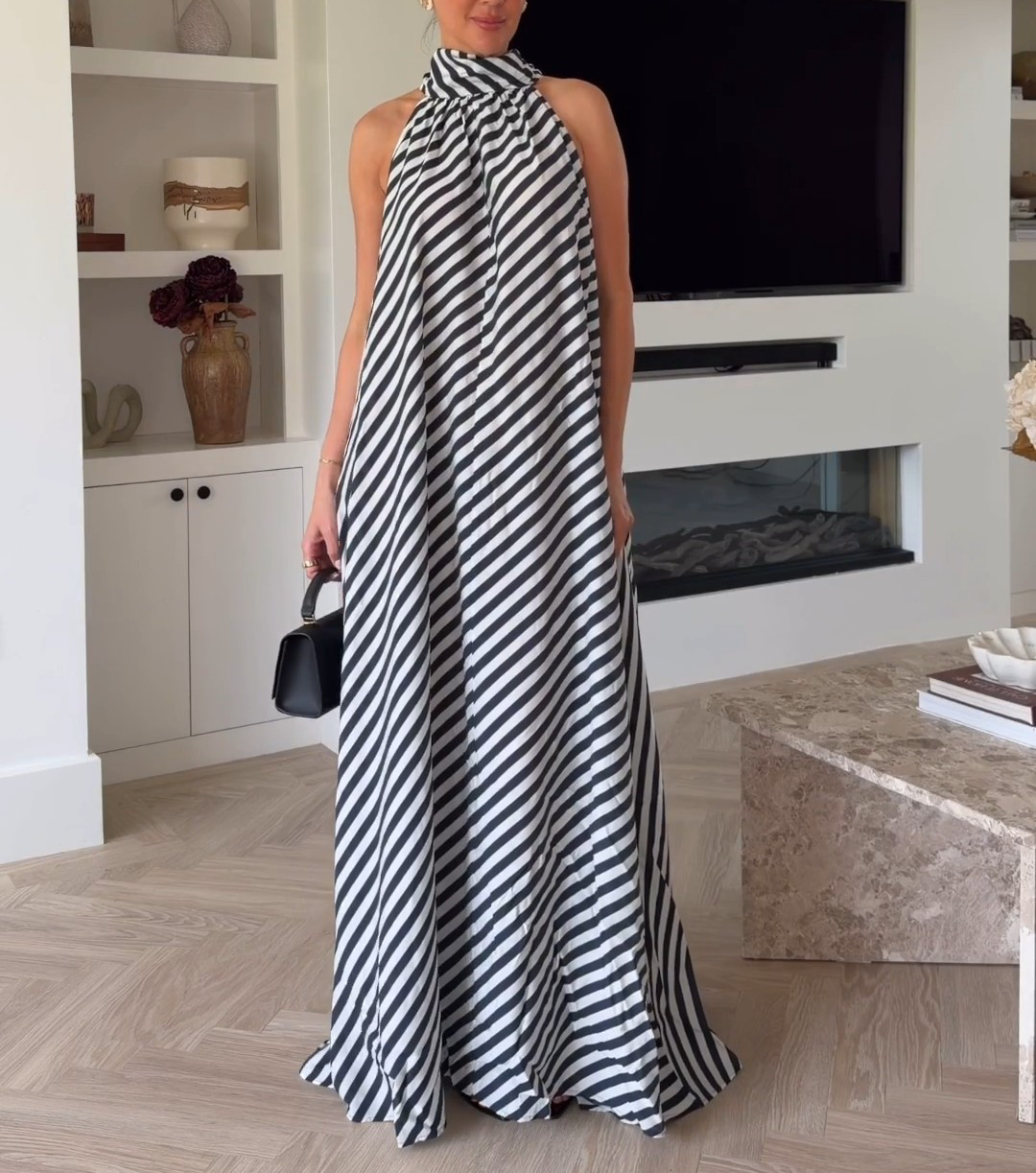 NWT H&M Tie-Detail A-Line Maxi Dress Blue/White Stripe 1337754001 S,M,L,XL,XXL