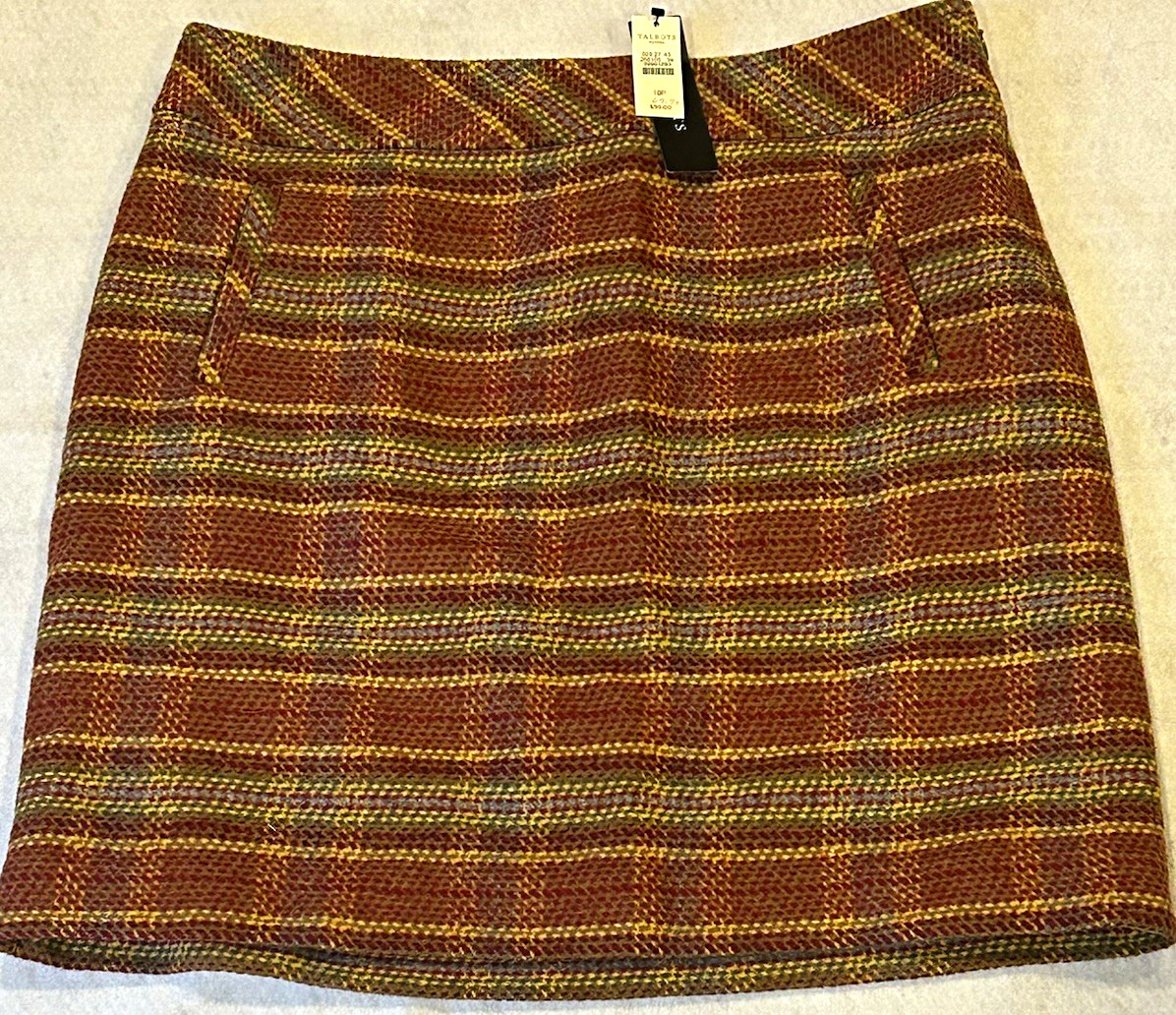 Talbots Petites Plaid Tweed A-Line Skirt Brown Red Yellow Lined side Zip 10P