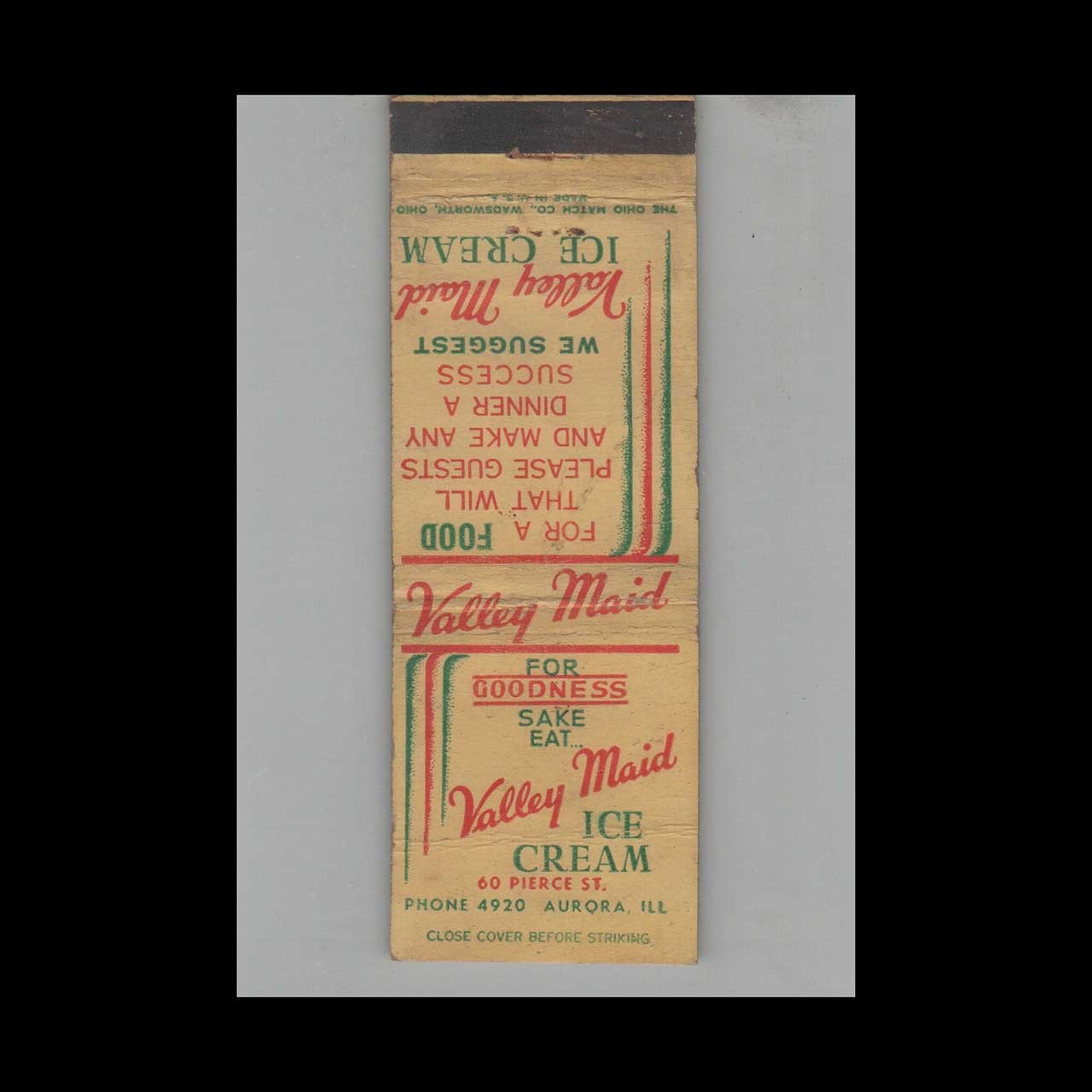 Matchbook Cover Dairy Related Valley Maid Ice Cream Aurora IL