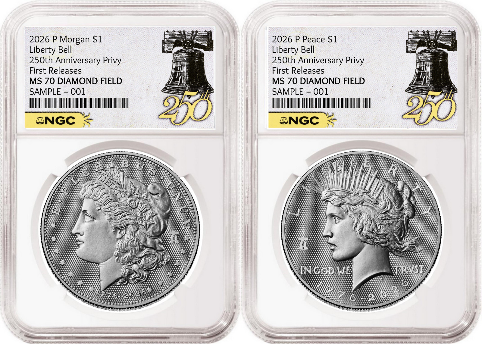 2 Coin Set 2026 Morgan Peace Diamond Field 250 Privy NGC MS70 FR Bell Presale