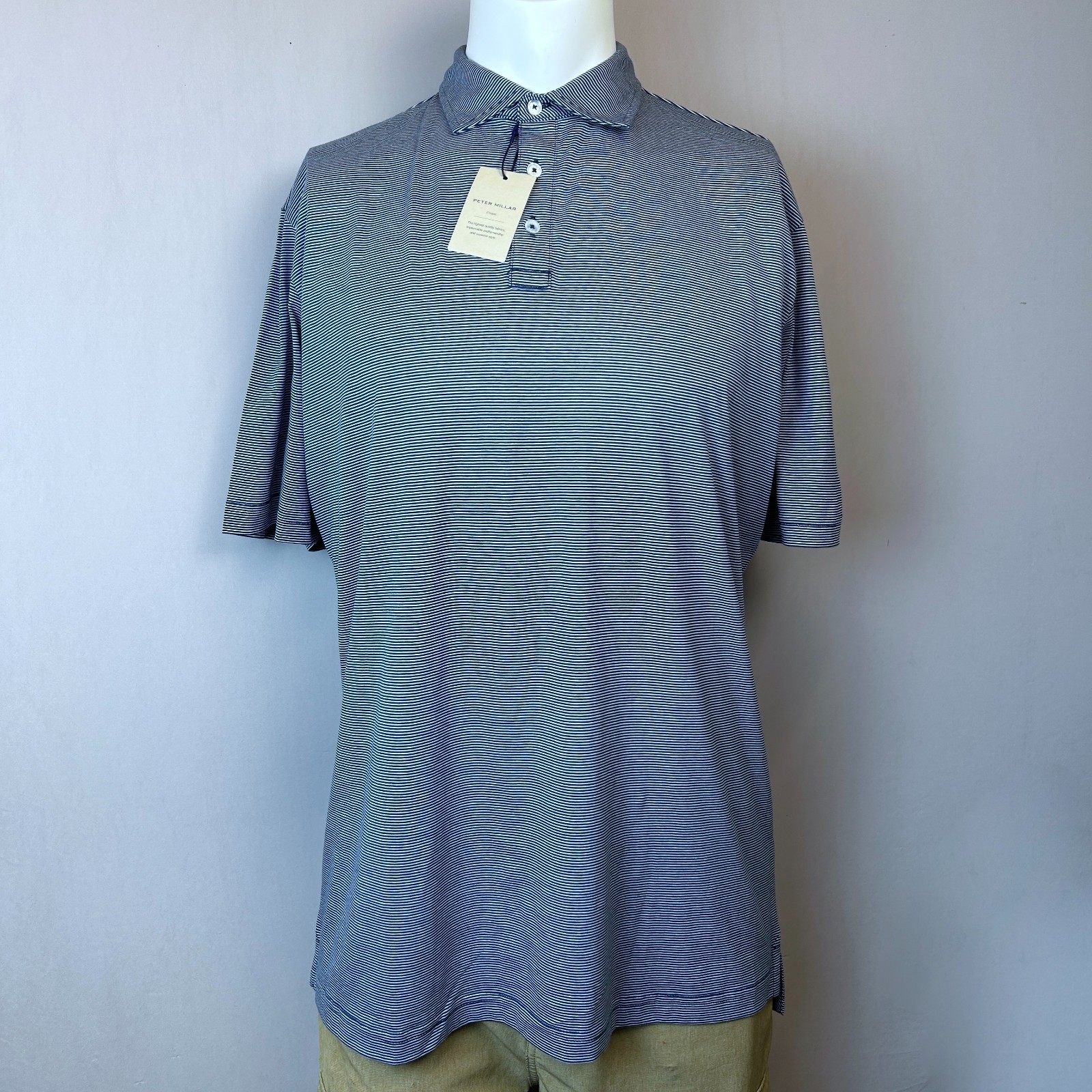 Peter Millar Polo Mens Large 2XL Navy Blue Striped Crown Comfort