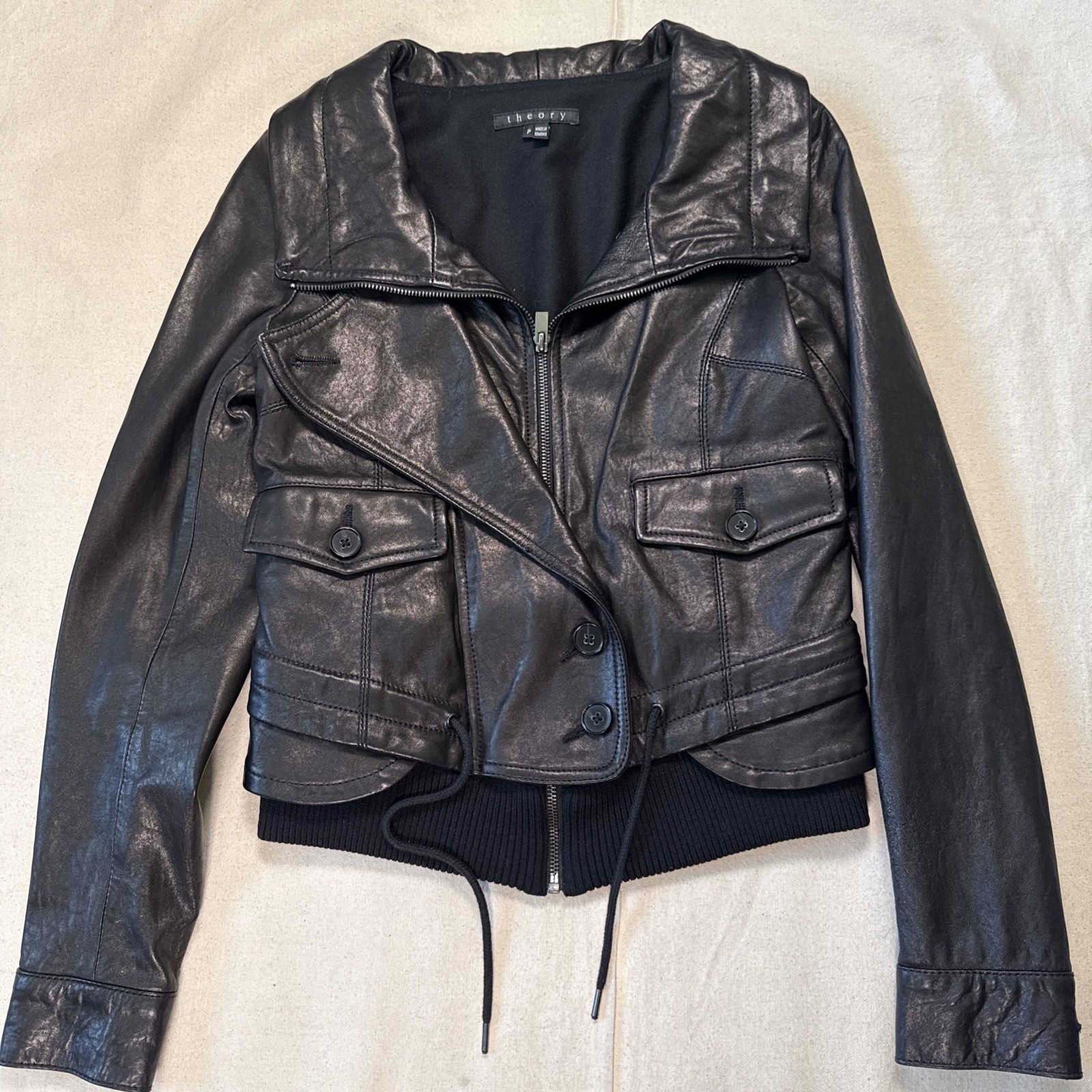 Theory Women\'s Black Borie_Tame Italian Leather Drawstring Jacket Sz XS Theory Women\'s Black Borie_Tame Italian Leather Drawstring Jacket Sz XS